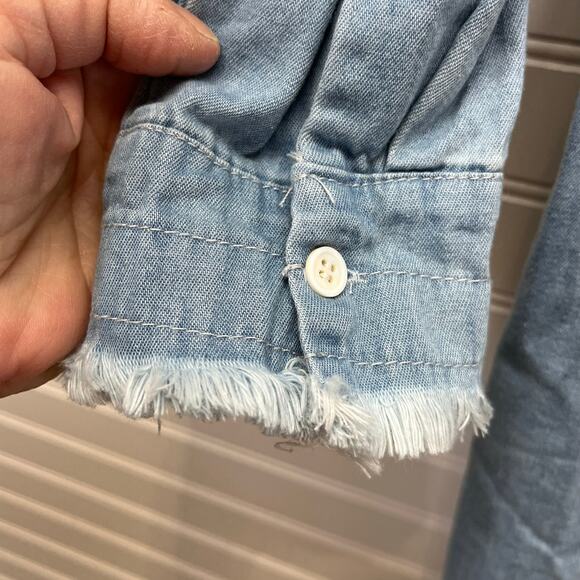 Zilcremo Denim Button Down Shirt Dress Frayed Hem & Sleeve Cuffs Size L - Picture 7 of 12